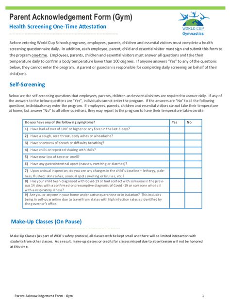 Fillable Online Parent Acknowledgement Form (Gym) - World Cup Fax Email ...