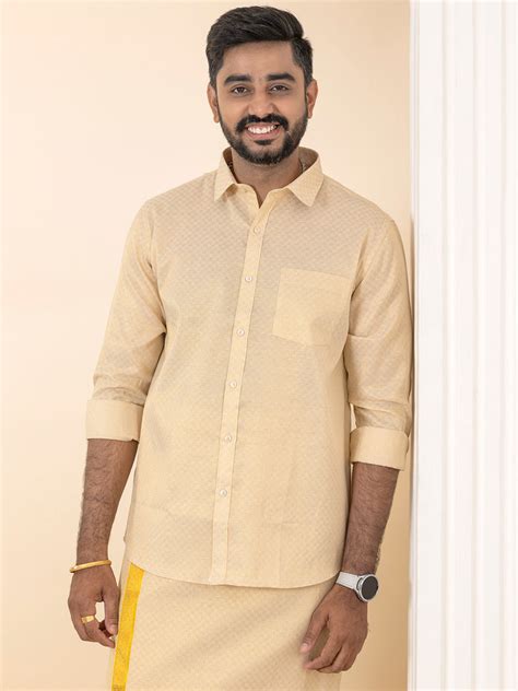 Ramraj Men Gold Tissue Jacquard Full Sleeves Shirt with Matching Dhoti ...