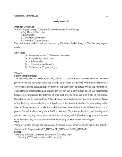 TCP Socket Programming: A5 Lab Manual with Examples and Theory - Studocu