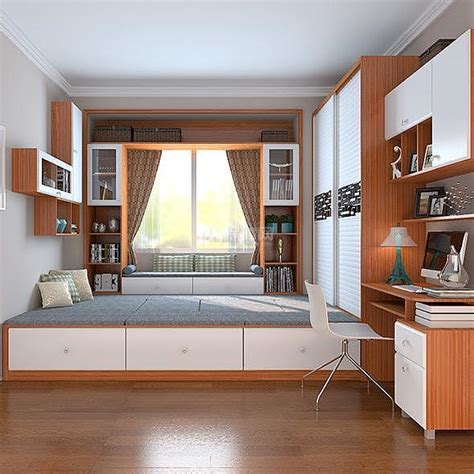 书房卧室二合一,卧室一面墙书柜效果图,10平方小书房兼卧室_大山谷图库