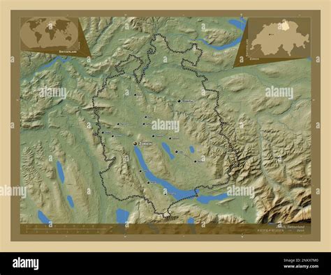 Zurich, canton of Switzerland. Colored elevation map with lakes and rivers. Locations and names ...