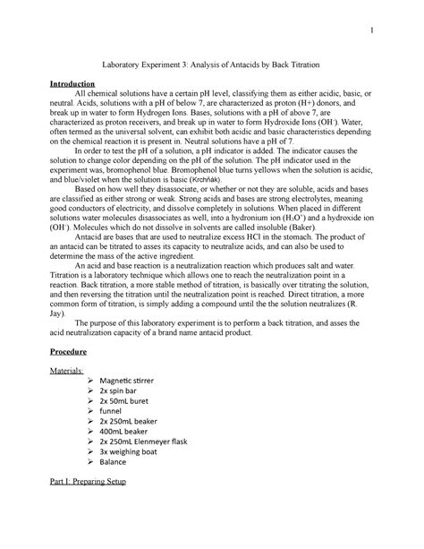 Lab 3 Report - Laboratory Experiment 3: Analysis of Antacids by Back ...