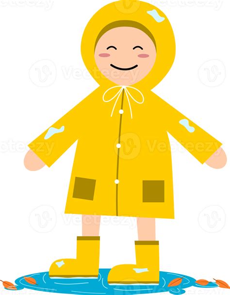 Cute kid wearing yellow raincoat and boots walking in puddle water rain ...
