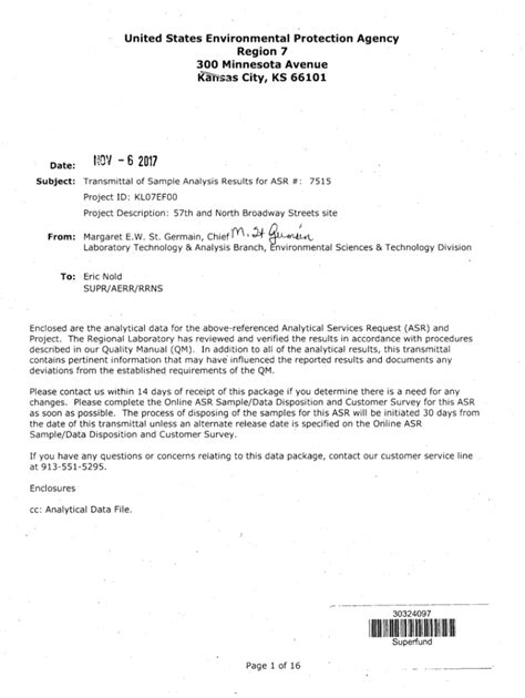 Fillable Online Transmittal of the Sample Analysis Results for ASR ...