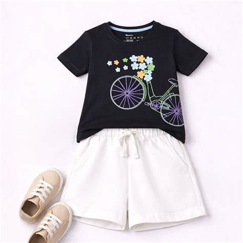 Girls Bicycle Embroidery T-shirt & White Shorts Set