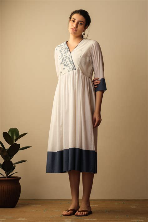 'Peshwaz' Jamdani dress ivory & indigo | Mallika Mathur