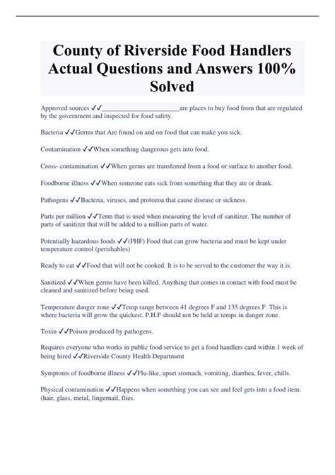 County of Riverside Food Handlers Actual Questions and Answers 100% ...