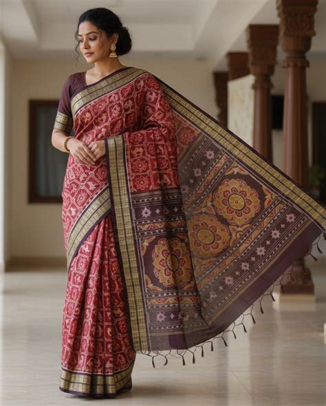 Maroon Coffee Dancer And Flower Design Odisha Handloom Sambalpuri Cott