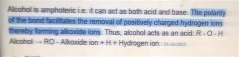Give reason alcohol acts as acid as well as base 2 - Brainly.in