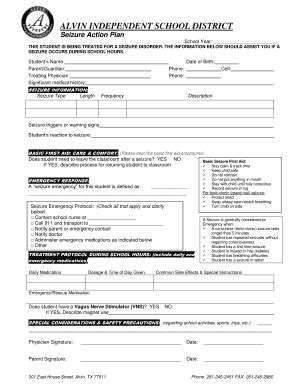Fillable Online ALVIN INDEPENDENT SCHOOL DISTRICT Seizure Action Plan ...