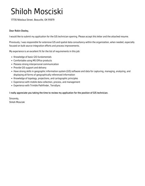GIS Technician Cover Letter | Velvet Jobs