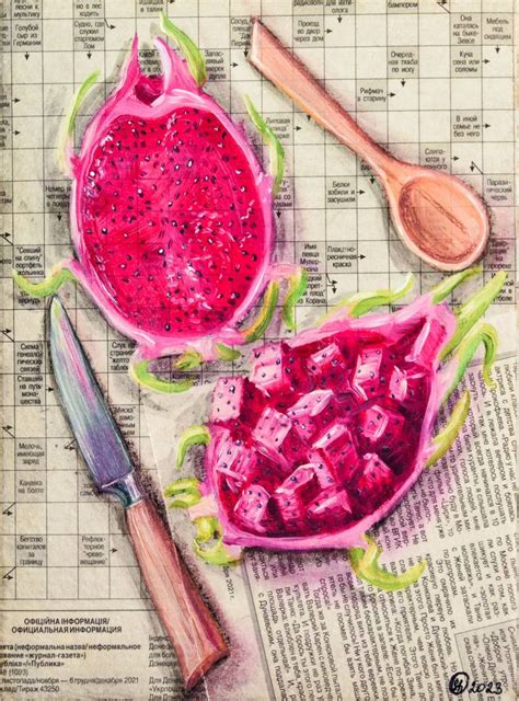 Fruit Painting Food Original Oil Art Newspaper 8 by 10 Pitahaya ...