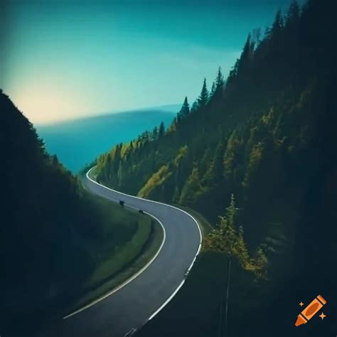 First-person view driving through winding mountain roads towards a friendly hitchhiker on Craiyon