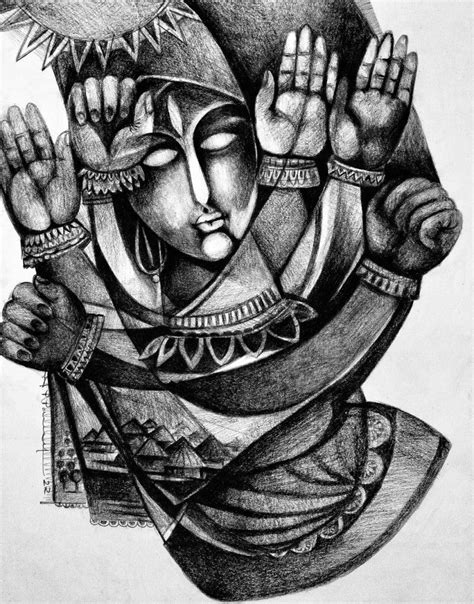 "Power Of Women D": Grey Charcoal Painting by N P Pandey | ArtZolo.com