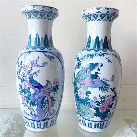 Vintage Chinoiserie Hand Painted Porcelain Floor Vase For Sale at 1stDibs