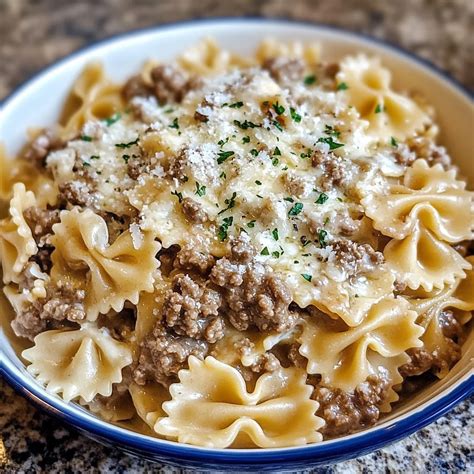 Beef and Bowtie Pasta with Alfredo Sauce