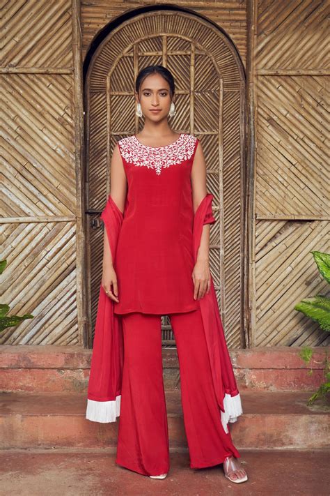 Red Crepe Hand Embroidered Short Kurti Set