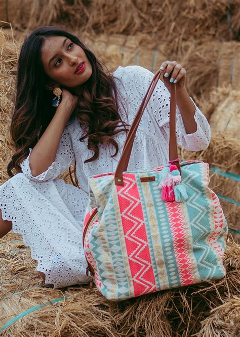 Get Pink & Blue Chevron Aztec Jacquard Tote at ₹ 2199 | LBB Shop