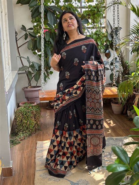 Organic Cotton Ajrakh Hand Block Printed Contemporary Saree – Dhaagaa