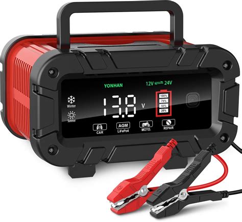 YONHAN Battery Charger 0-10 Amp, Upgraded 12V/24V LiFePO4 Lead Acid Car Battery Charger w/Large ...