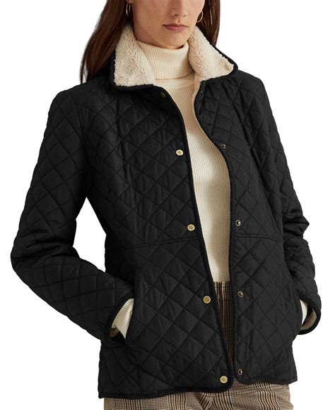 Lauren Ralph Lauren BLACK Women's Faux-Sherpa Collar Quilted Coat, M ...