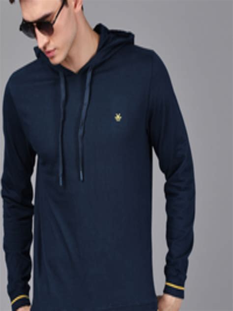 Buy WROGN Men Navy Blue Solid Slim Fit Hooded Sweatshirt - Sweatshirts ...