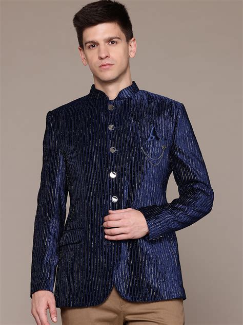 Men Navy Blue Velvet Bandhgala Blazer with Silver Shine Threads – Essas ...