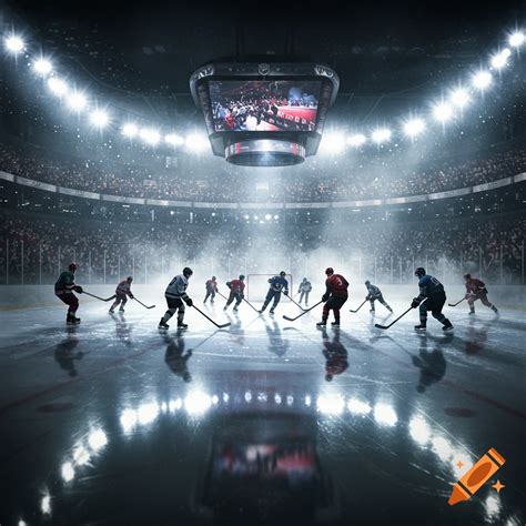 An outdoor ice hockey game at night with players on the rink and a city ...