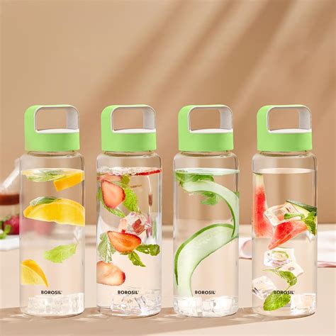 Borosil Crysto Wide Mouth Glass Water Bottle with Green Lid | 750ml ...