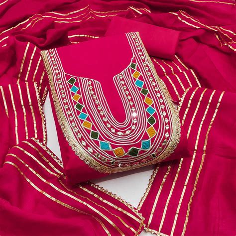 Rani Pink Embroidered Chanderi Cotton Dress Material With Reflective M