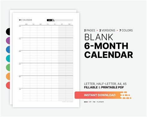 Blank 6-month Calendar, Yearly Semester Wall Calendar, Fillable Year ...