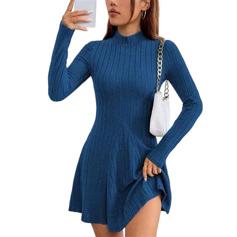 A-Line Sweater Dress, Solid Color High Neck Long Sleeve Belted Fit ...