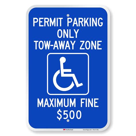 SmartSign"Permit Parking Only - Tow-Away Zone, Max Fine $500" Handicap ...