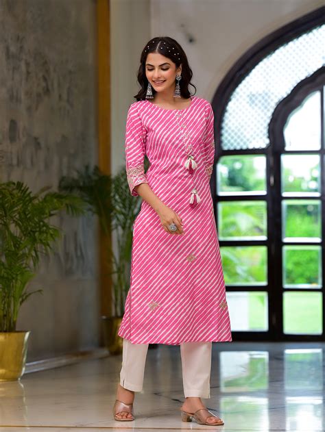 Divena Pink Leheriya Print Embroidered Pure Cotton Straight Kurta ...