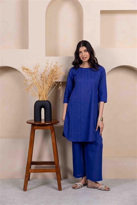 Royal Blue Everyday cotton pintuck kurta co-ord set – InaayaJaipur