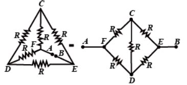 Five equal resistances each of resistance R are connected as shown in ...