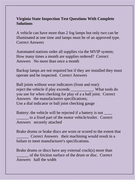 Virginia State Inspection Test Questions With Complete Solutions ...