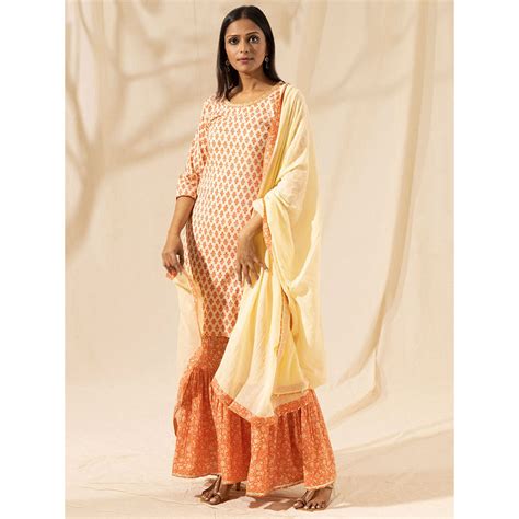 Buy Likha Orange Jaipuri Printed Kurta Sharara & Dupatta LIKSKD06 (Set ...