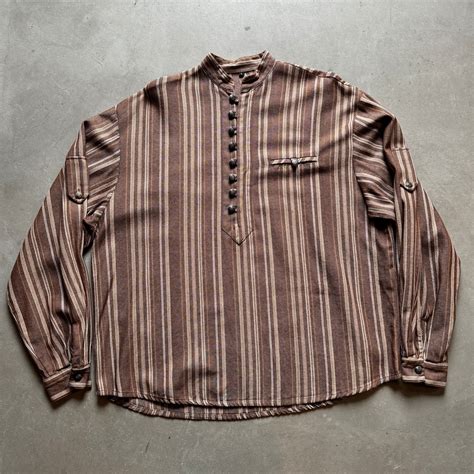 "Euro vintage" stripe pattern stand collar pullover shirt | LAUGH