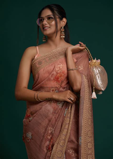 Buy Peach Zariwork Soft Silk Saree - Koskii