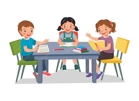 Premium Vector | Kids students studying together doing homework reading ...