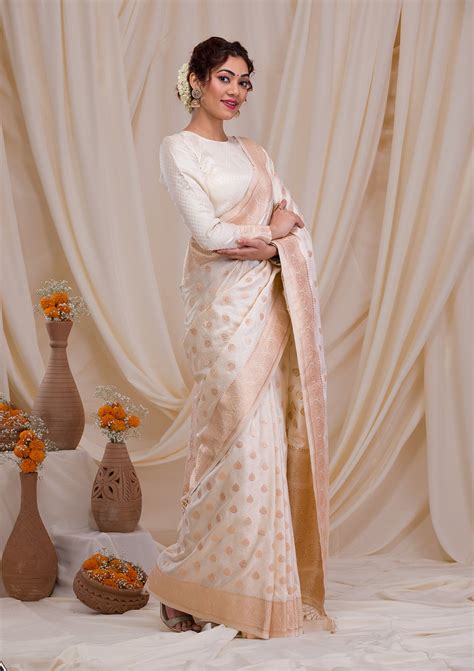 Buy Cream Zariwork Banarasi Banarasi Silk Saree - Koskii
