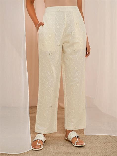 Buy Off White Embroidered Cotton A-Line Kurta With Trousers & Dupatta ...