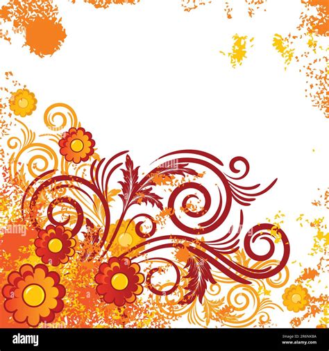 White background with abstract orange and yellow flowers and branches ...