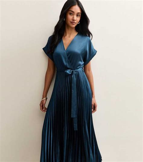Navy Satin Pleated Wrap Midi Dress | New Look