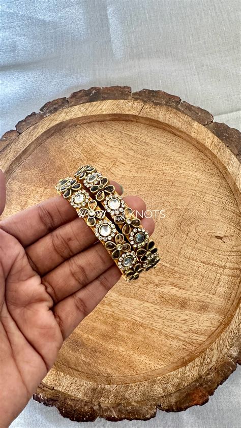 Gold Glossy Kundan and Stone Kada Bangles (Glossy Drop and Round Kunda ...