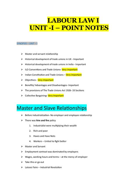 Labour Law I UNIT I- Notes - LABOUR LAW I UNIT -I – POINT NOTES ...