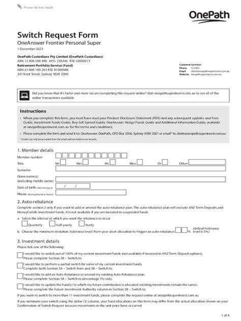 Fillable Online OnePath OneAnswer Personal Super Switch Request Form ...