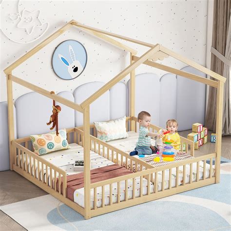 Amazon.com: Mirightone Double House Bed for 2 Kids,Wooden Double Floor ...