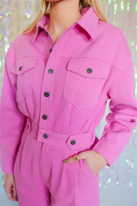 Pink Denim Jumpsuit- Long Sleeve Pink Jumpsuit- Women's Pink Utility ...